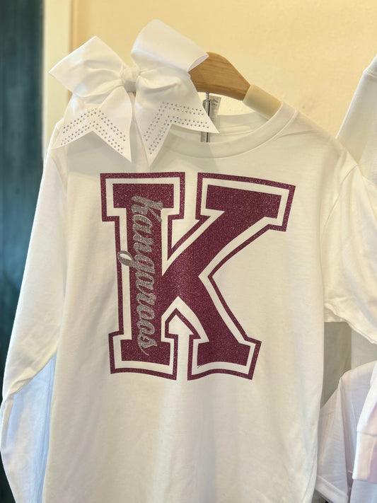 Mascot Varsity Letter White Long Sleeve Shirt- Customized (Glitter Lettering)